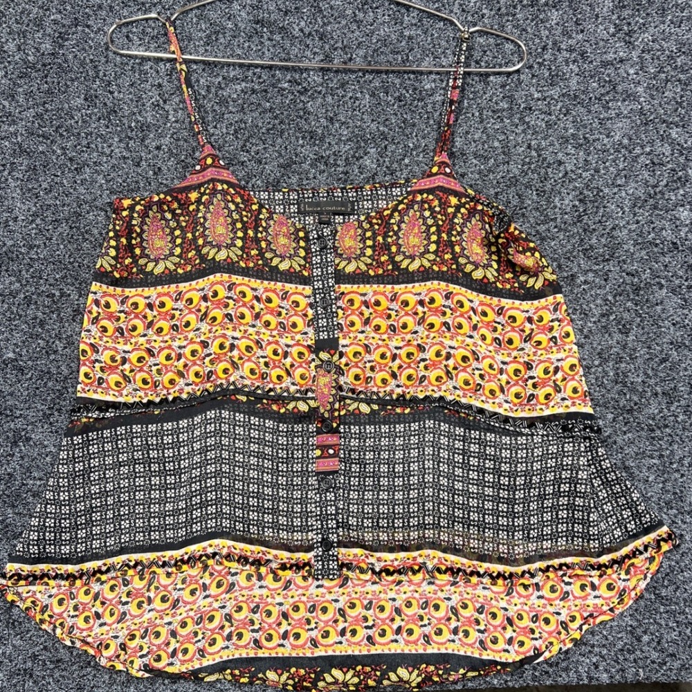 Lucca Couture Cami Women S Yellow Paisley Mixed Print Beaded Boho Festival Top